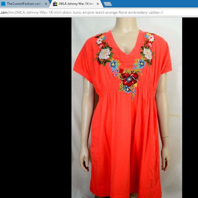 JWLA Johnny Was 1X mini dress tunic empire waist orange floral embroidery cotton
